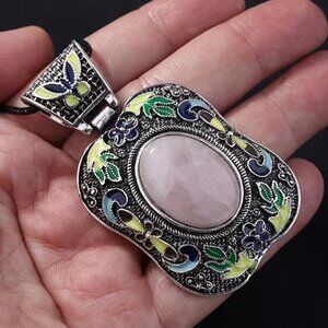 CHINESE STYLE ROSE QUARTZ ENAMEL BUTTERFLY PENDANT BLACK CORD NECKLACE 64